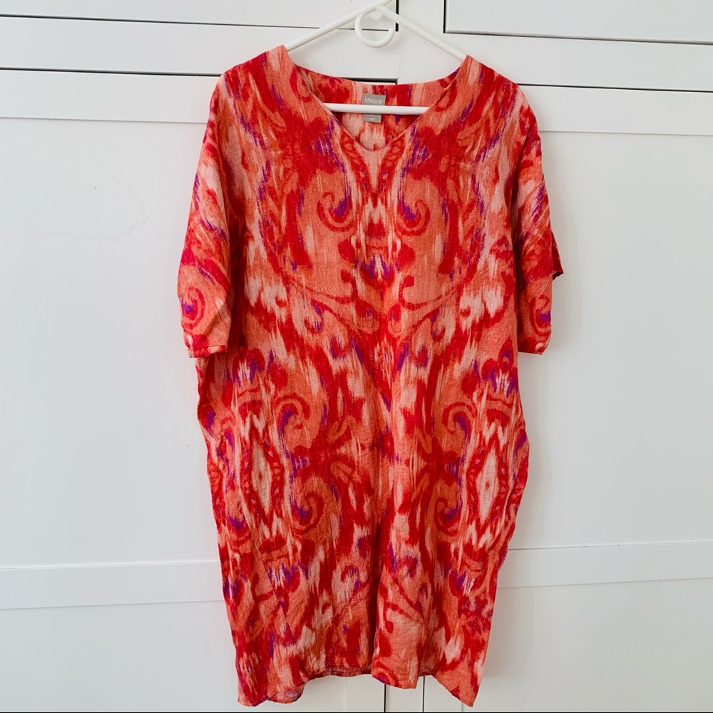 Chico’s 100% Linen Ikat Pink/Purple Print Tunic Dress Size 8/10